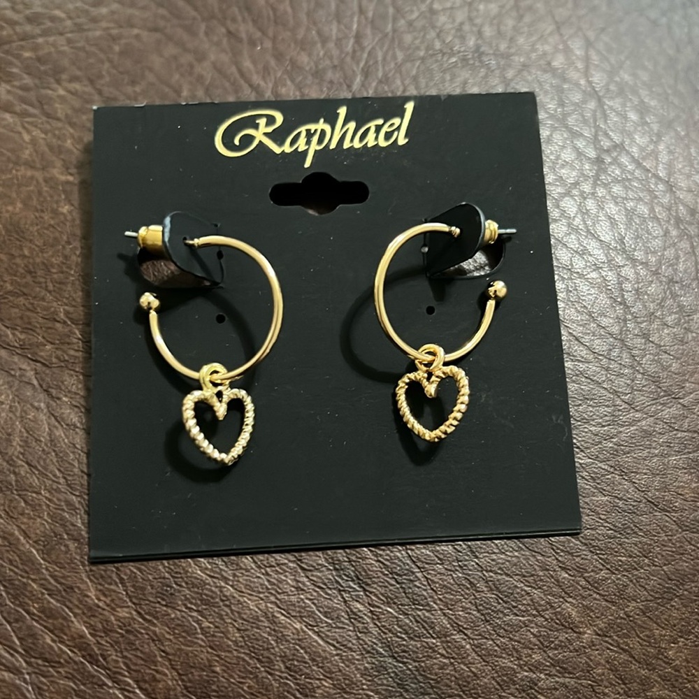 3/$18 Raphael Hoop Pierced Earrings with Heart Charms - New - Lot 472